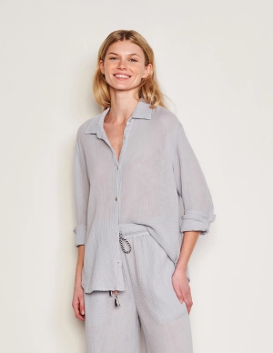 Sundry Classic Shirt & Wide Leg Pant Set in Blue Linen