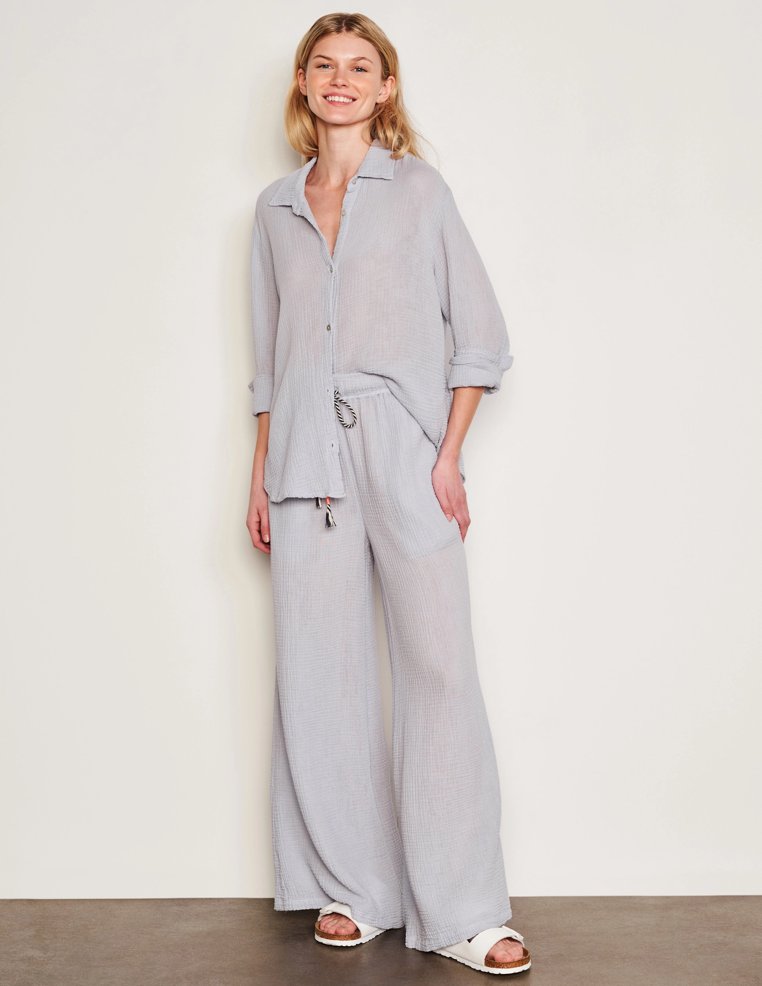 Sundry Classic Shirt & Wide Leg Pant Set in Blue Linen