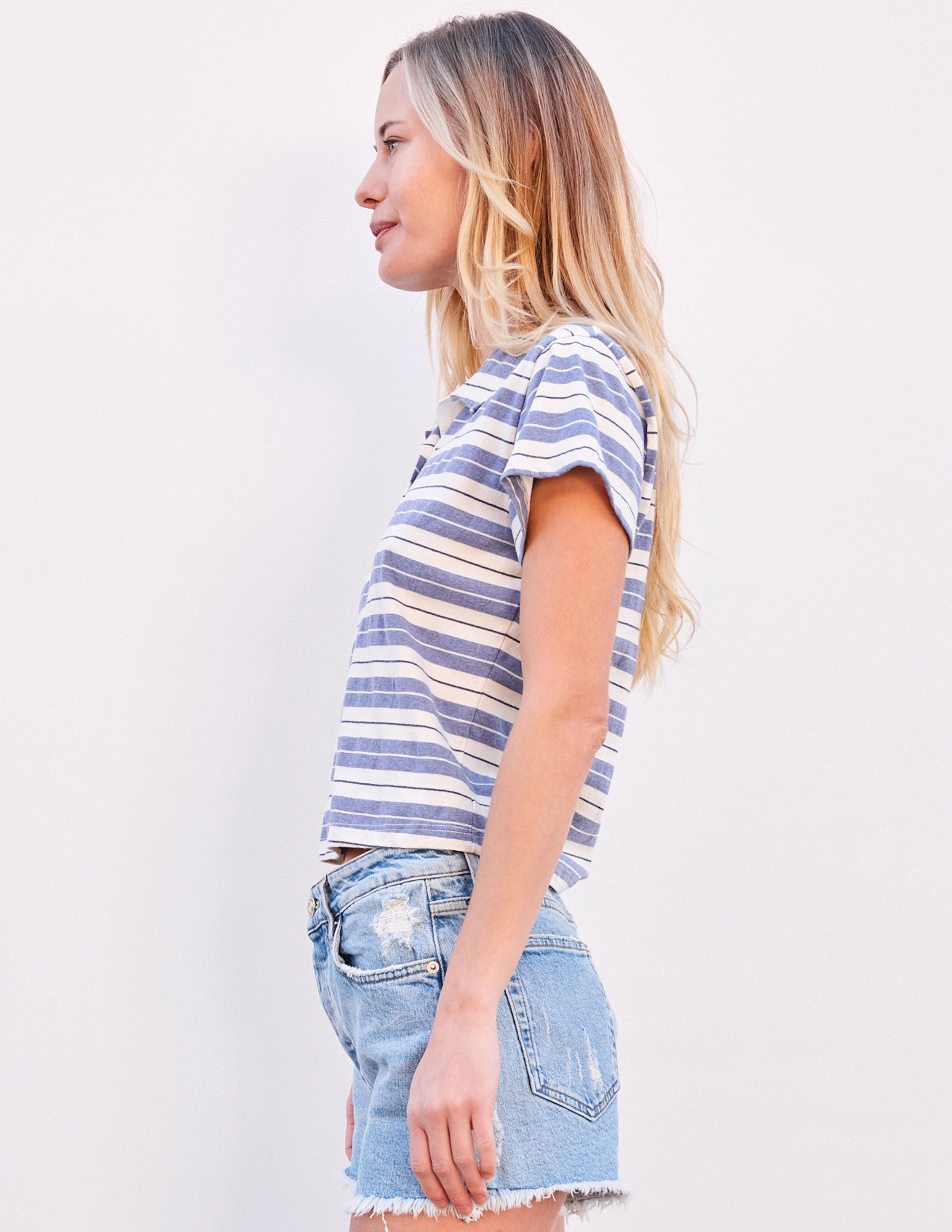Sundry Harbor Stripe Shrunken Polo in Blue Linen