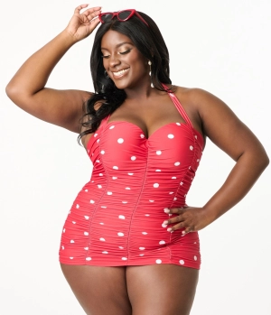 Unique Vintage Plus Size Red & White Polka Dot Mansfield Halter One Piece Swimsuit