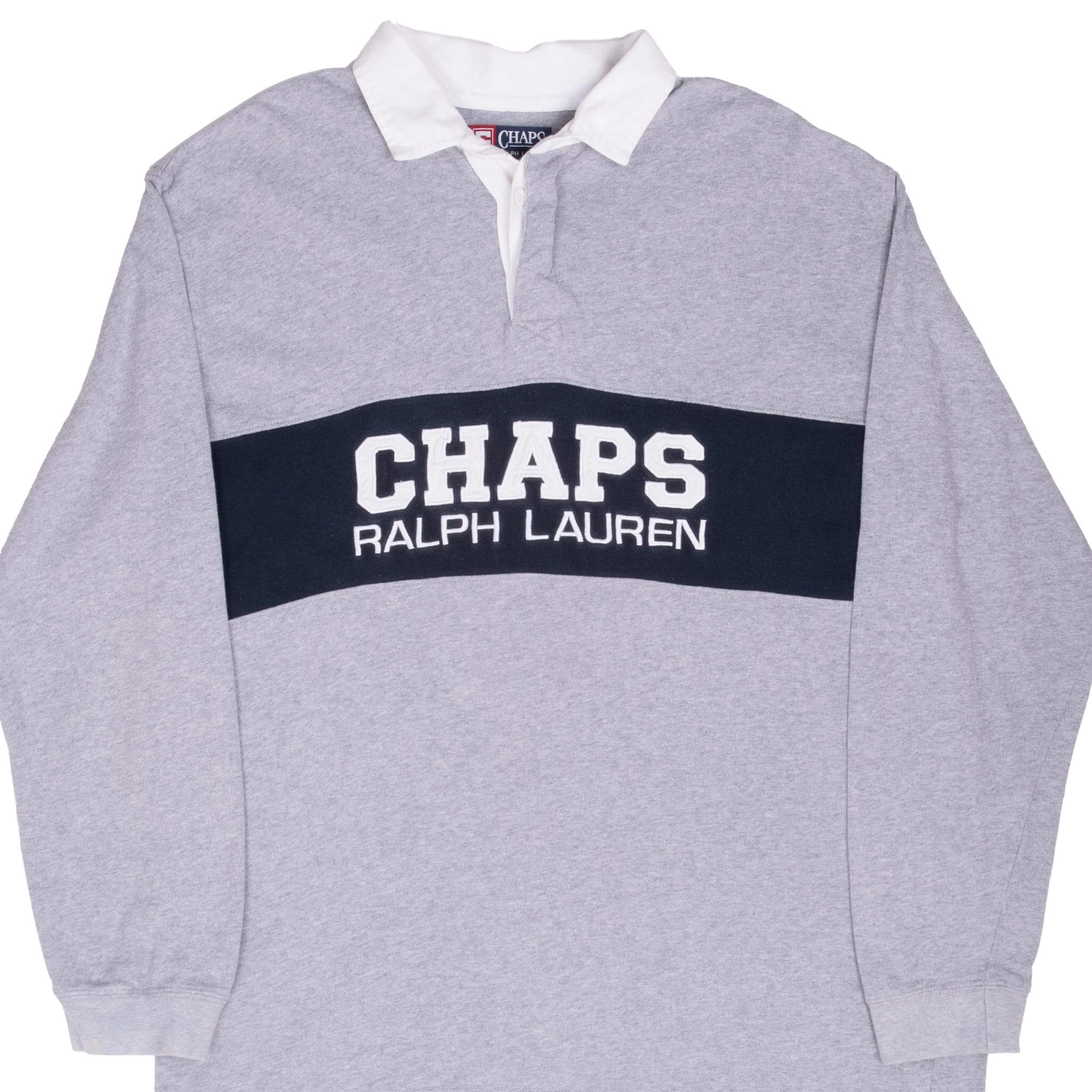 VINTAGE CHAPS RALPH LAUREN GREY RUGBY POLO SHIRT 1990S LARGE