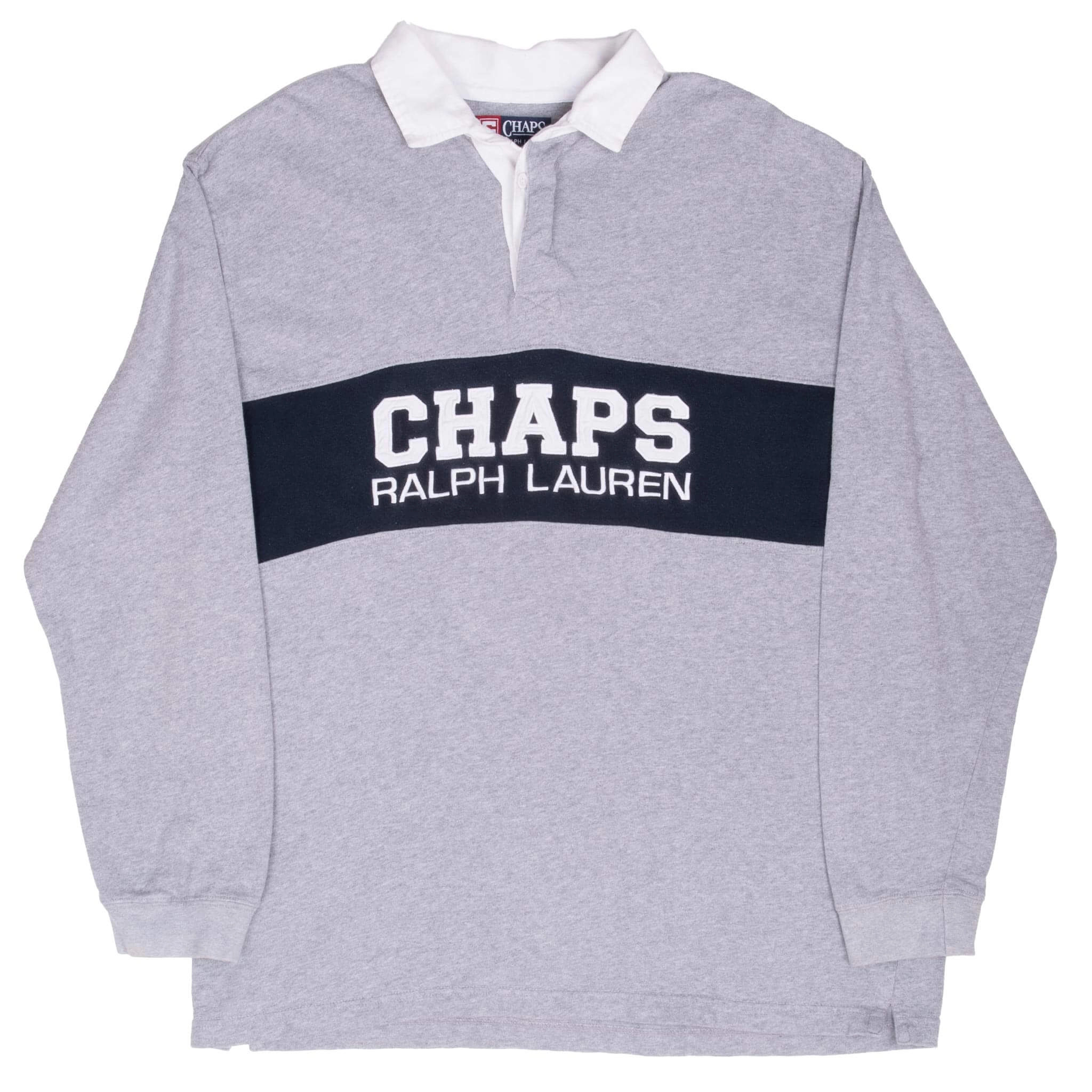 VINTAGE CHAPS RALPH LAUREN GREY RUGBY POLO SHIRT 1990S LARGE