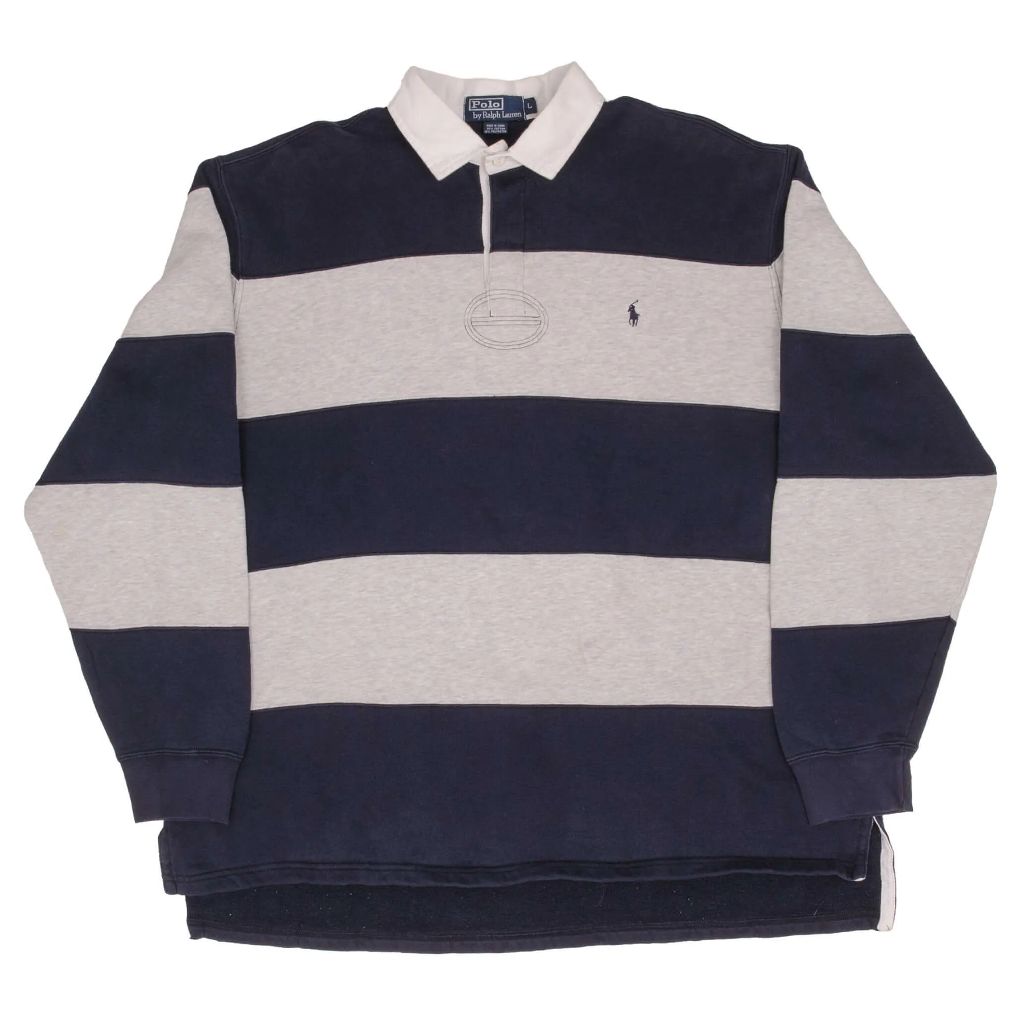 VINTAGE RALPH LAUREN BLUE & GREY STRIPED RUGBY POLO SHIRT 1990S SIZE LARGE