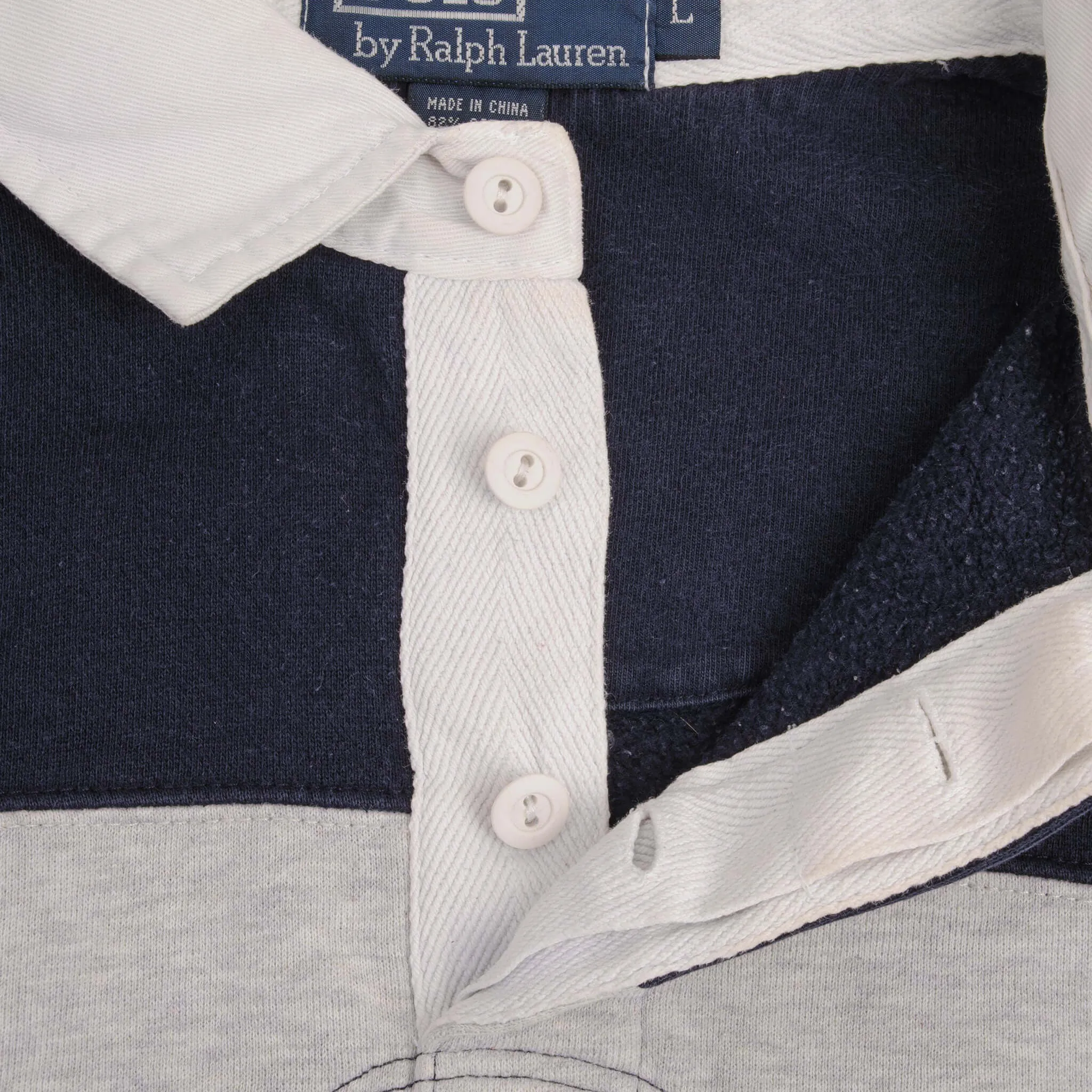 VINTAGE RALPH LAUREN BLUE & GREY STRIPED RUGBY POLO SHIRT 1990S SIZE LARGE