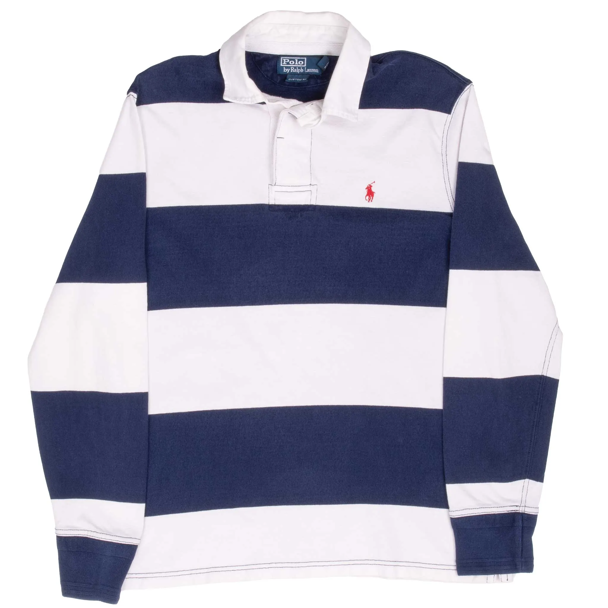 VINTAGE RALPH LAUREN BLUE & WHITE STRIPED RUGBY POLO SHIRT 1990S MEDIUM
