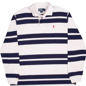 VINTAGE RALPH LAUREN BLUE & WHITE STRIPED RUGBY POLO SHIRT 1990S SIZE LARGE
