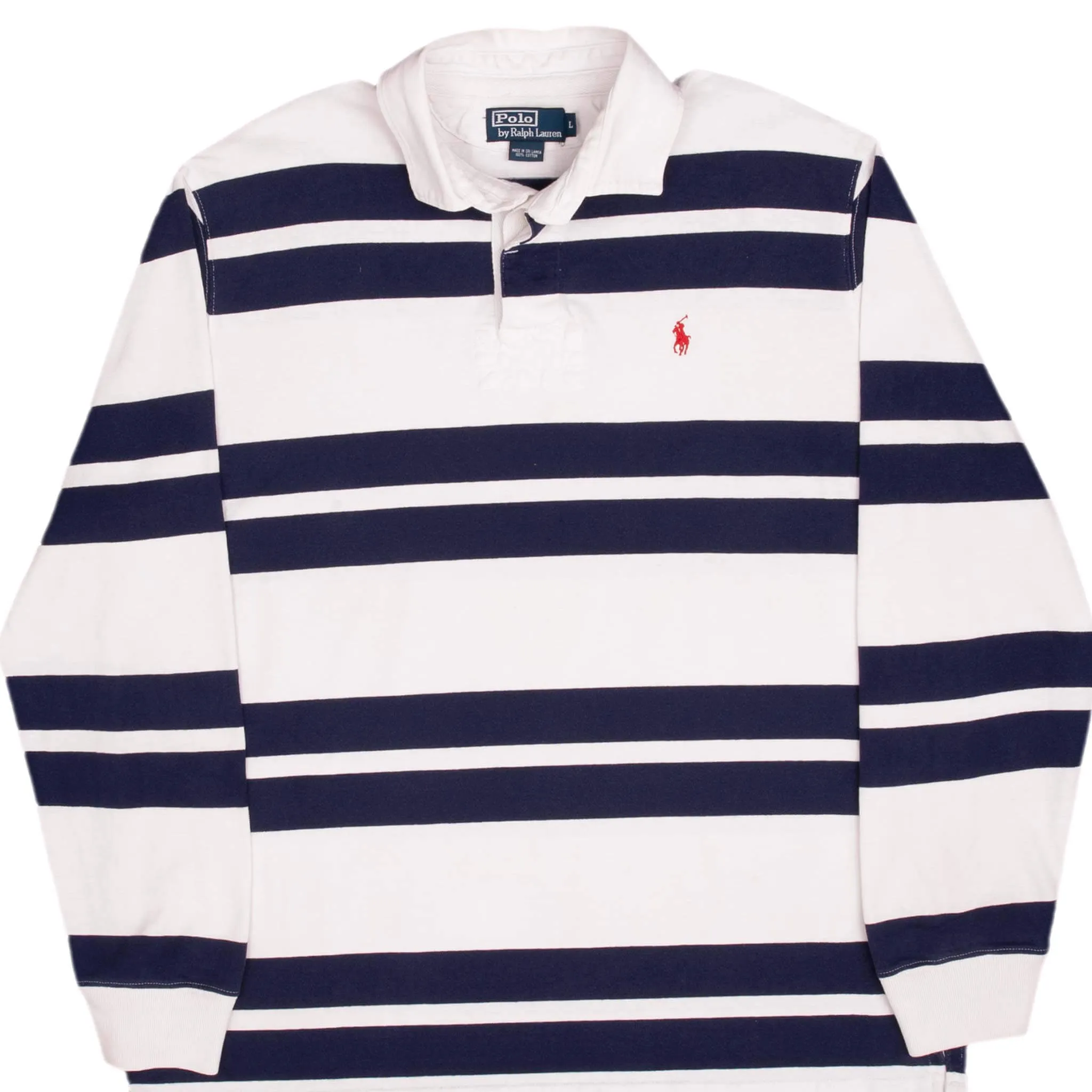VINTAGE RALPH LAUREN BLUE & WHITE STRIPED RUGBY POLO SHIRT 1990S SIZE LARGE