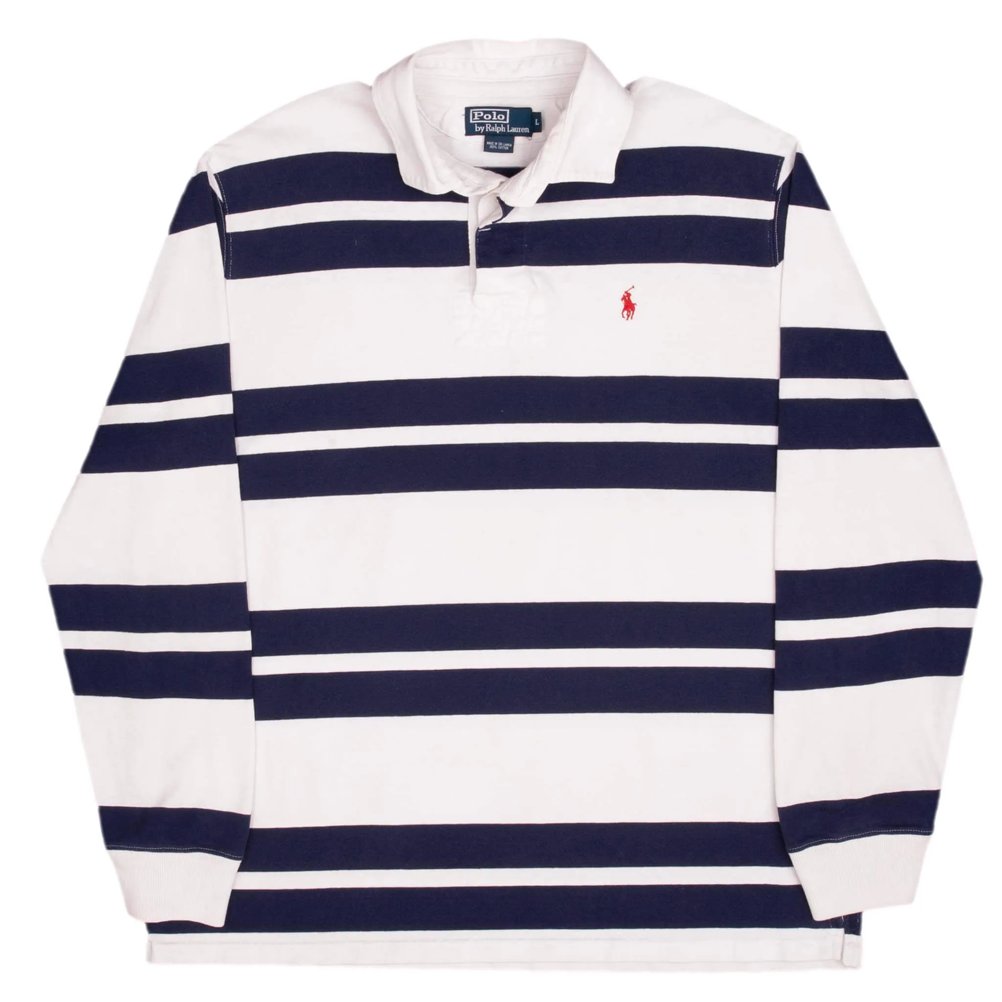 VINTAGE RALPH LAUREN BLUE & WHITE STRIPED RUGBY POLO SHIRT 1990S SIZE LARGE