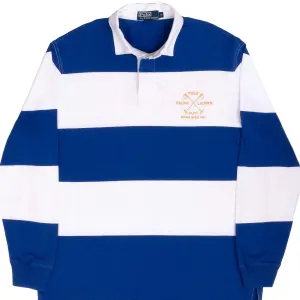 VINTAGE RALPH LAUREN BLUE & WHITE STRIPED RUGBY POLO SHIRT 1990S SIZE MEDIUM