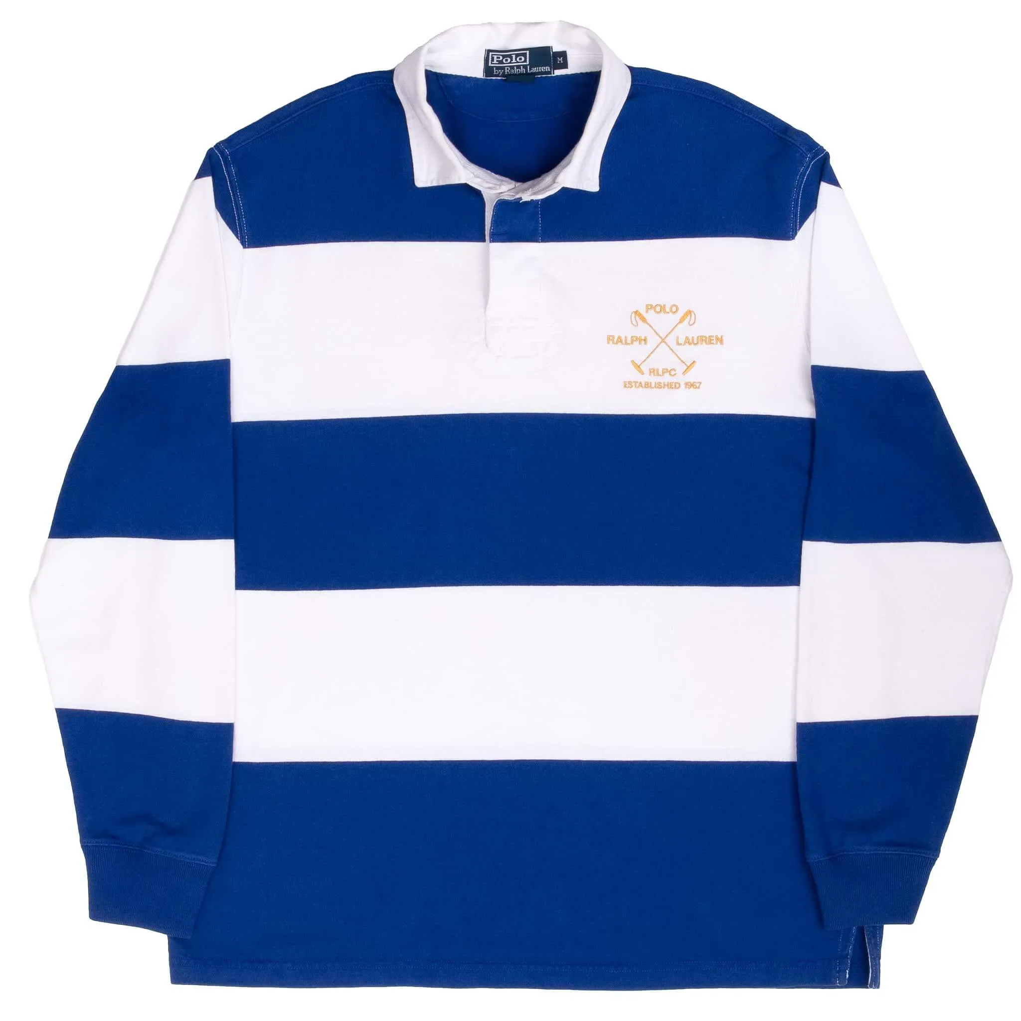 VINTAGE RALPH LAUREN BLUE & WHITE STRIPED RUGBY POLO SHIRT 1990S SIZE MEDIUM
