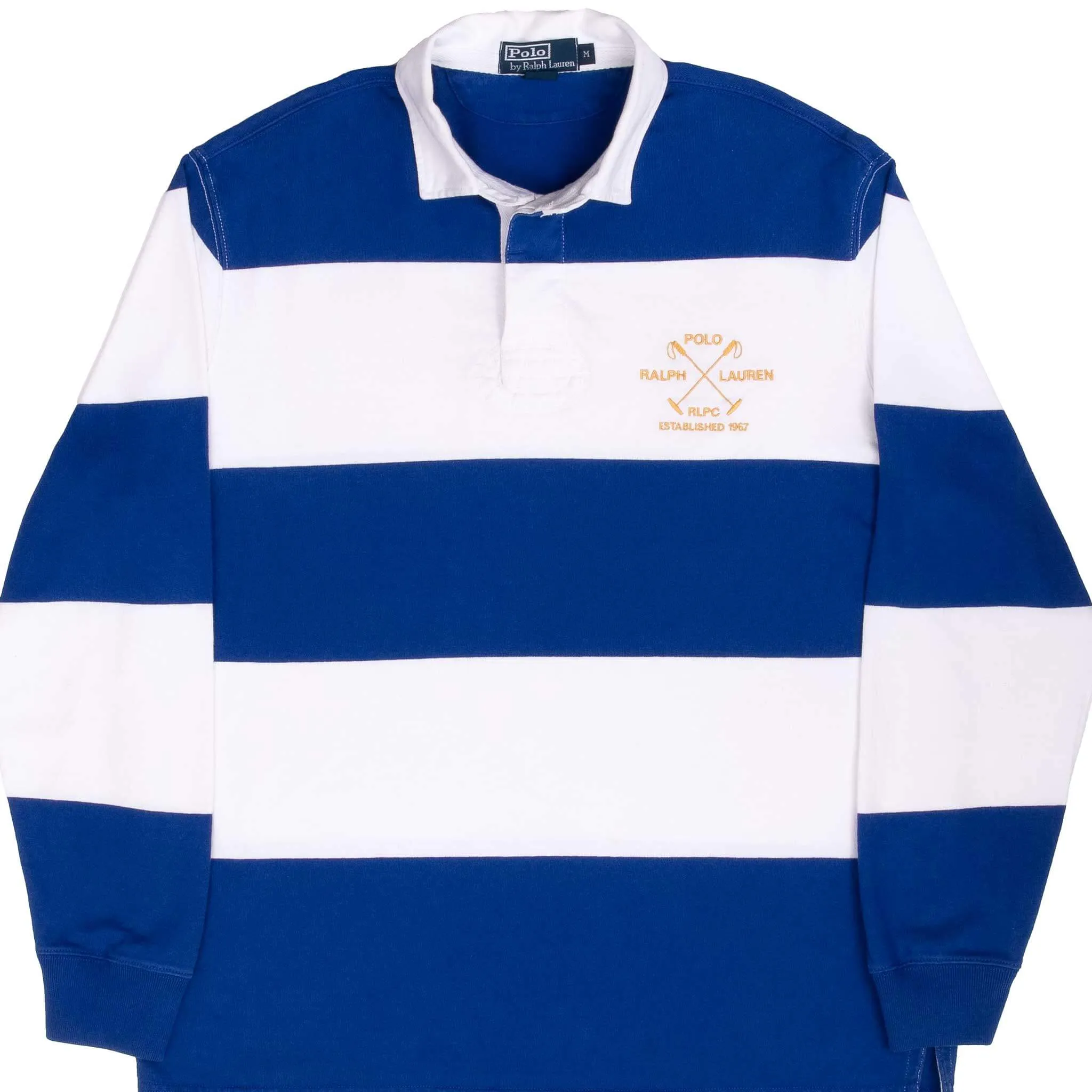 VINTAGE RALPH LAUREN BLUE & WHITE STRIPED RUGBY POLO SHIRT 1990S SIZE MEDIUM