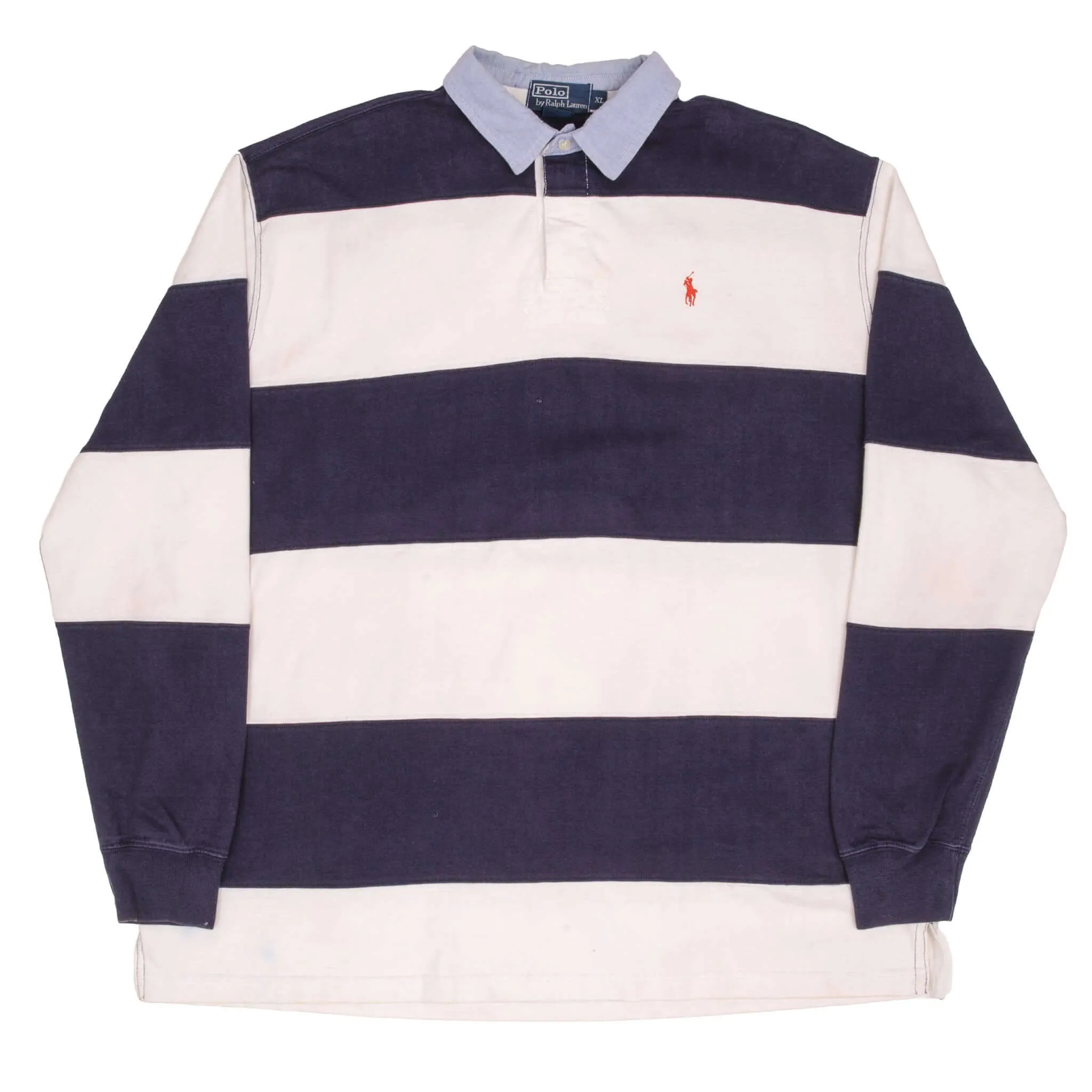 VINTAGE RALPH LAUREN BLUE & WHITE STRIPED RUGBY POLO SHIRT 1990S SIZE XL