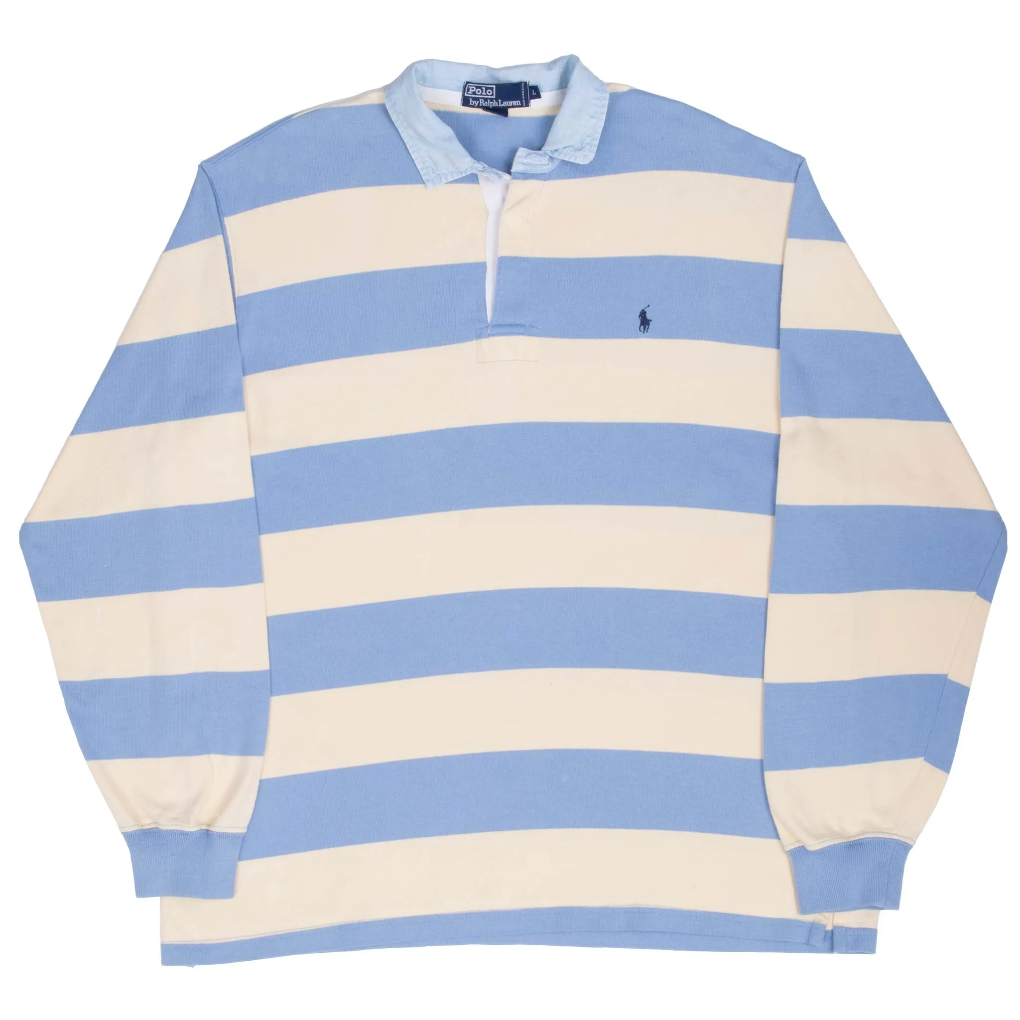 VINTAGE RALPH LAUREN BLUE & YELLOW STRIPED RUGBY POLO SHIRT 1990S LARGE