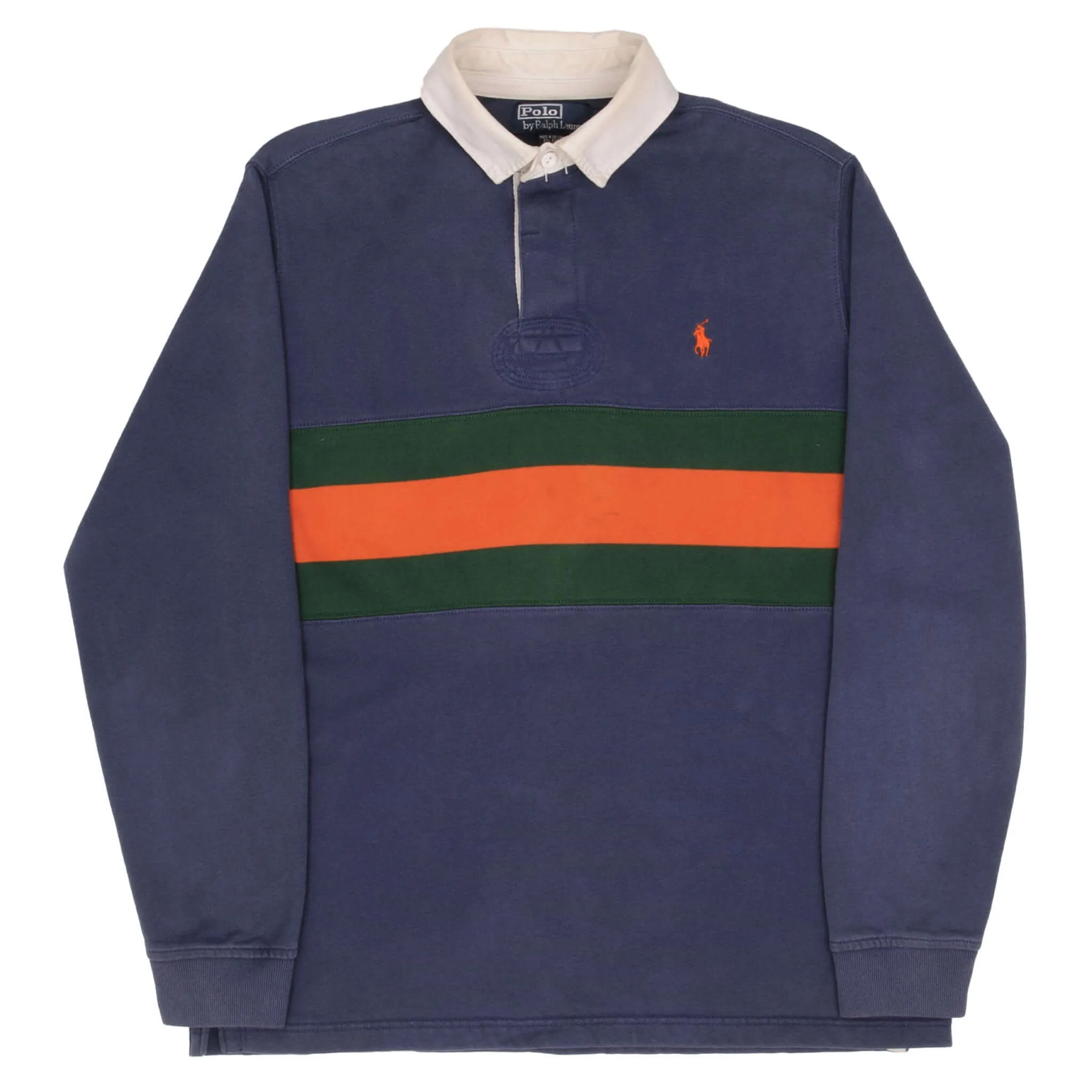 VINTAGE RALPH LAUREN BLUE GREEN ORANGE STRIPED RUGBY POLO SHIRT 1990S SZE MEDIUM