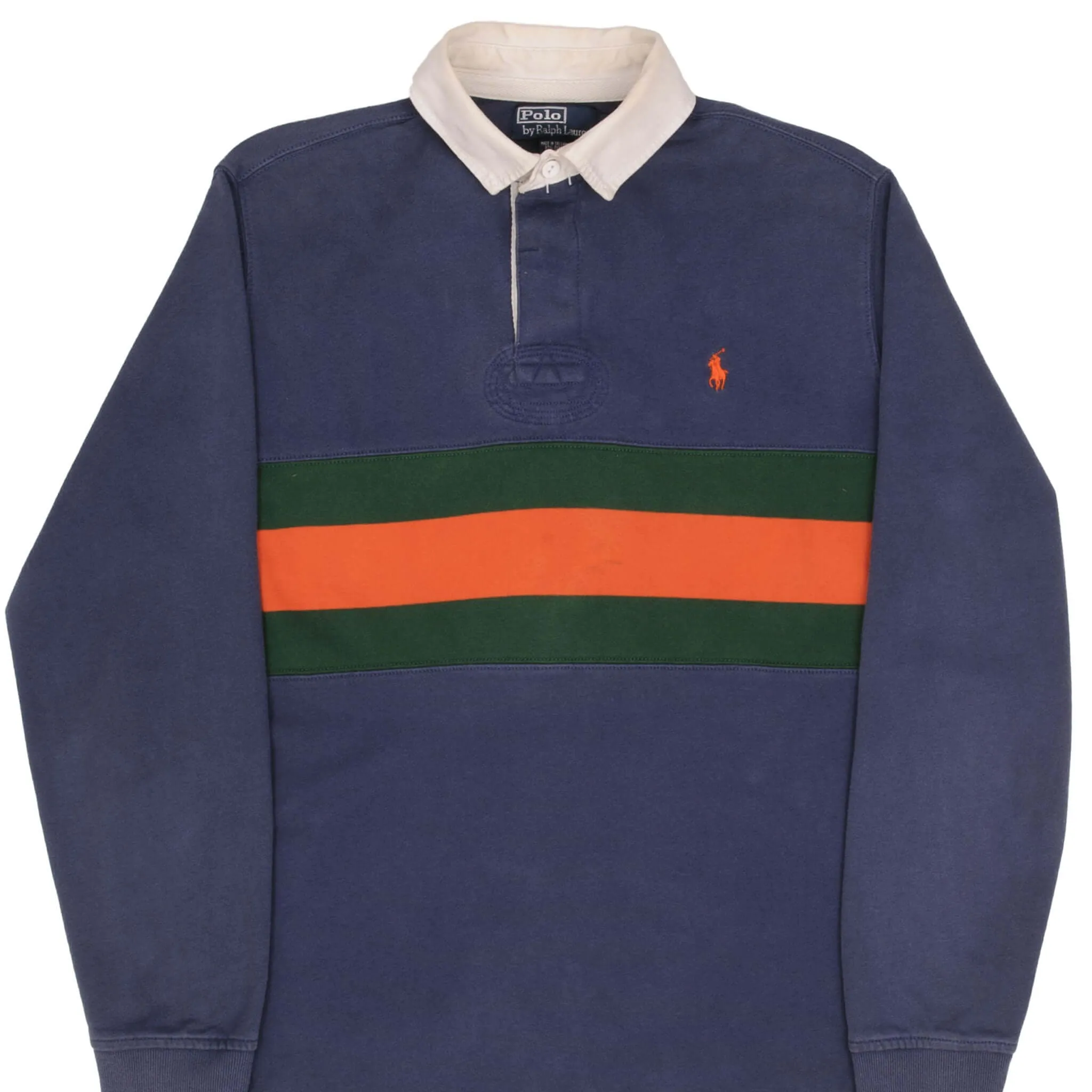VINTAGE RALPH LAUREN BLUE GREEN ORANGE STRIPED RUGBY POLO SHIRT 1990S SZE MEDIUM