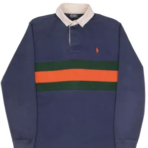 VINTAGE RALPH LAUREN BLUE GREEN ORANGE STRIPED RUGBY POLO SHIRT 1990S SZE MEDIUM