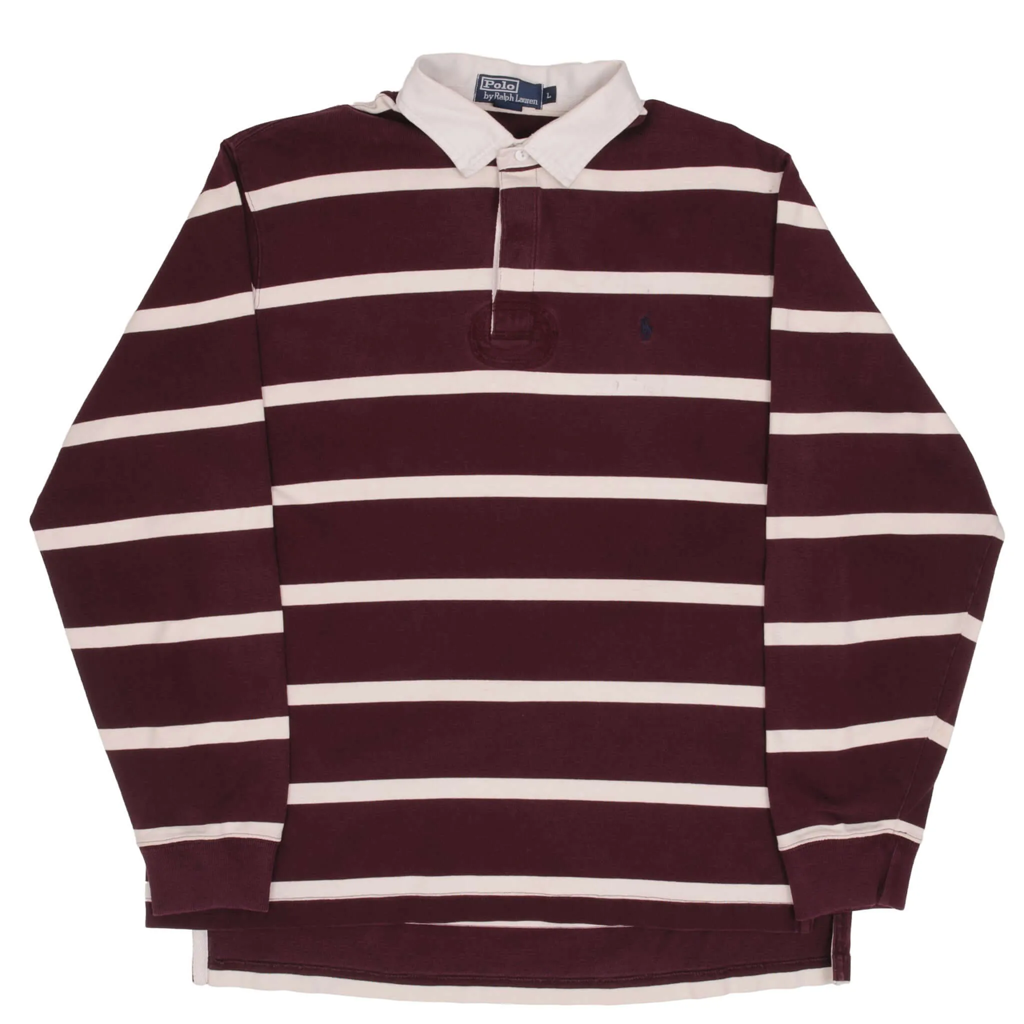 VINTAGE RALPH LAUREN BURGUNDY & WHITE STRIPED RUGBY POLO SHIRT 1990S SIZE LARGE