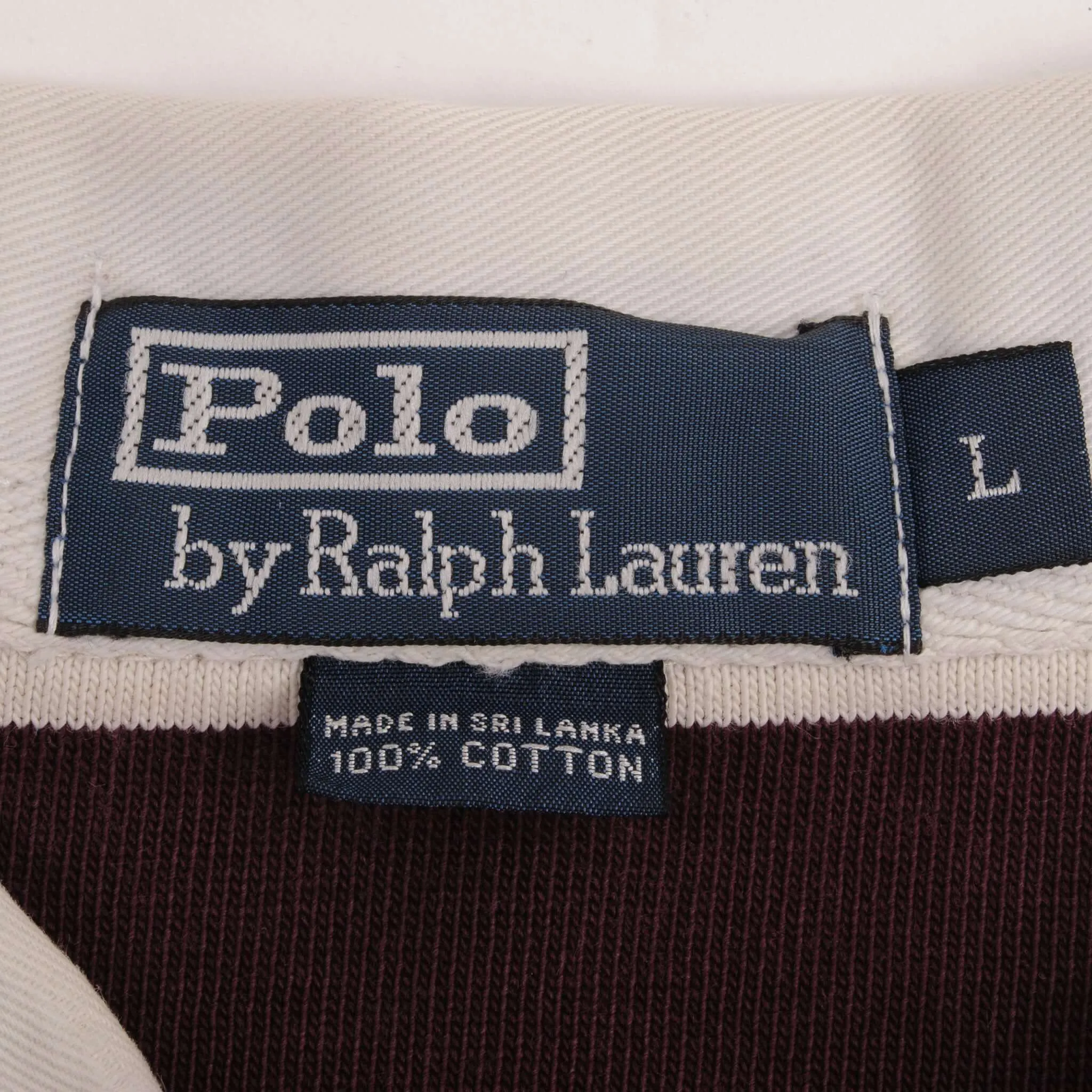 VINTAGE RALPH LAUREN BURGUNDY & WHITE STRIPED RUGBY POLO SHIRT 1990S SIZE LARGE
