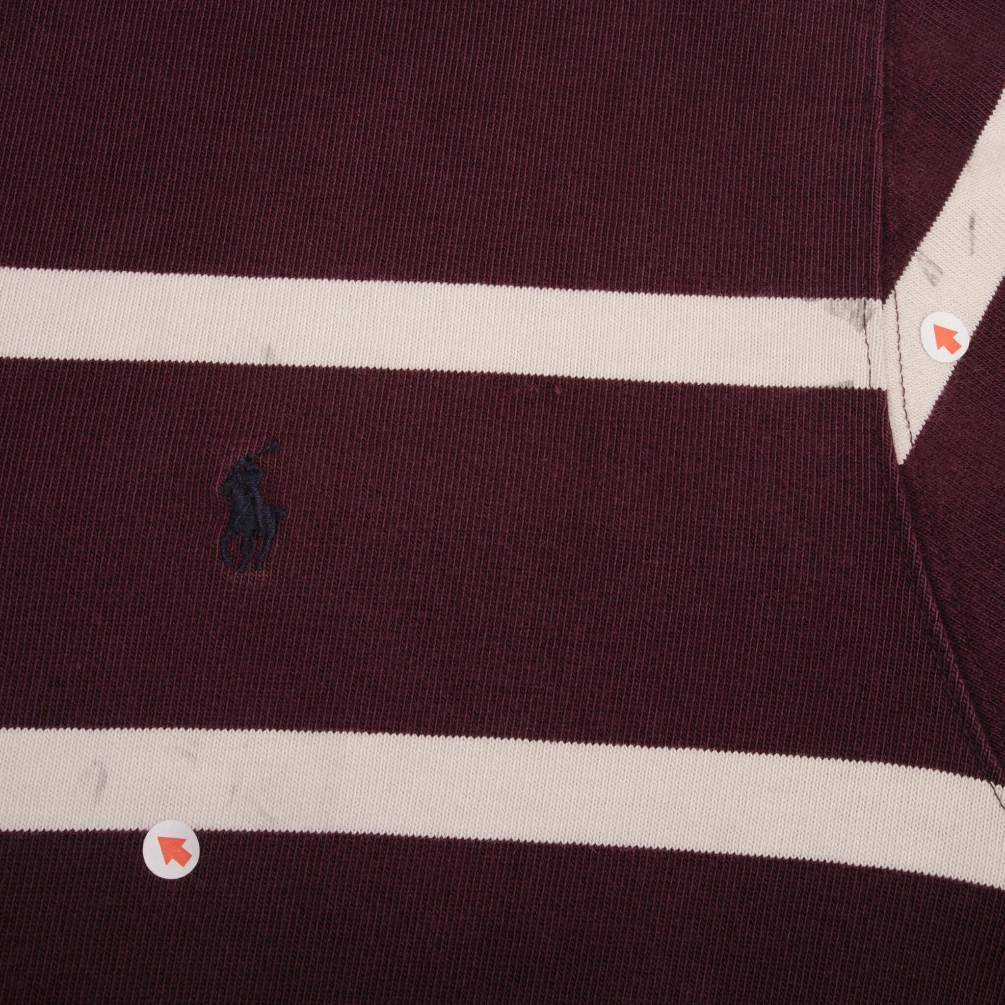 VINTAGE RALPH LAUREN BURGUNDY & WHITE STRIPED RUGBY POLO SHIRT 1990S SIZE LARGE