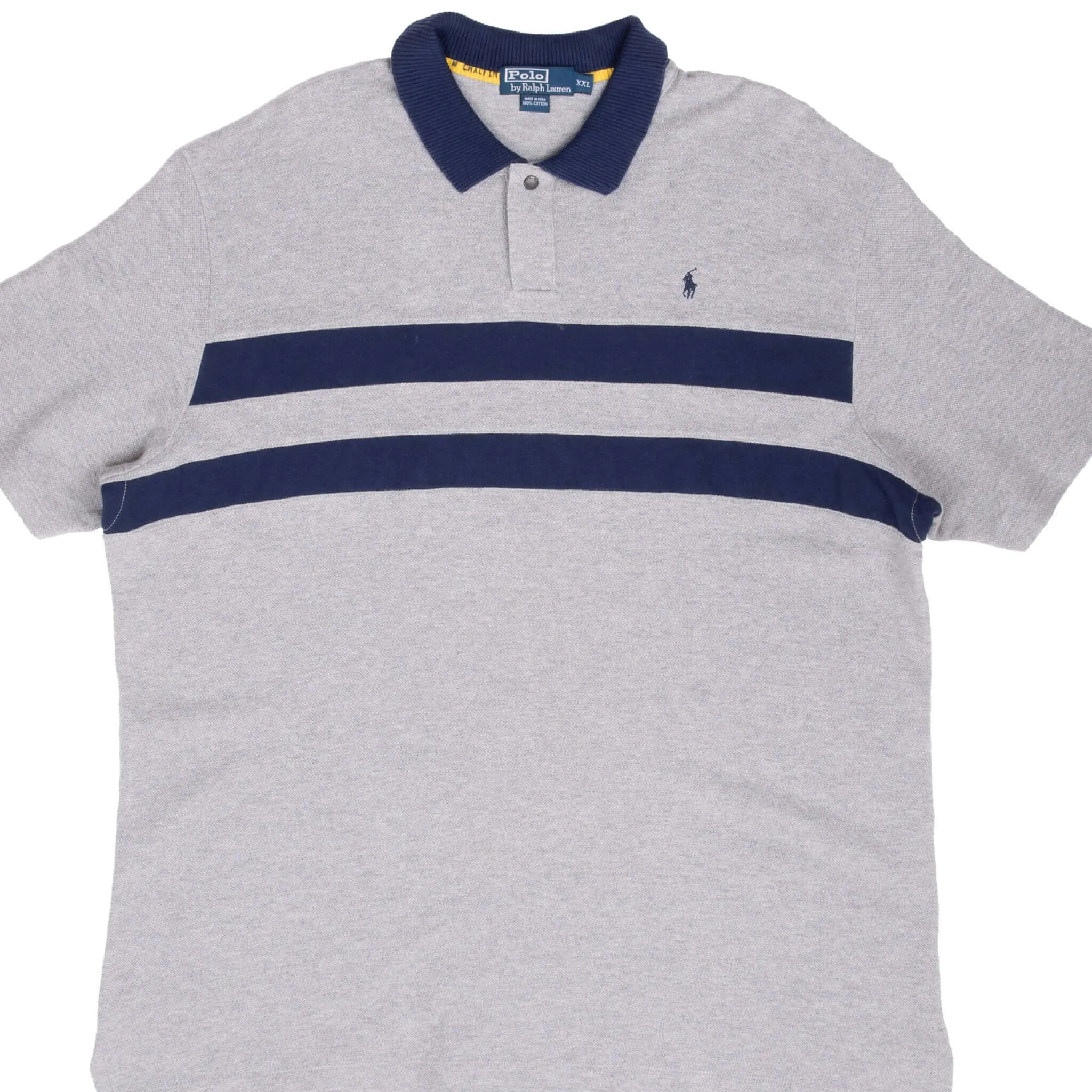 VINTAGE RALPH LAUREN GREY & BLUE STRIPED POLO SHIRT 1990S 2XL