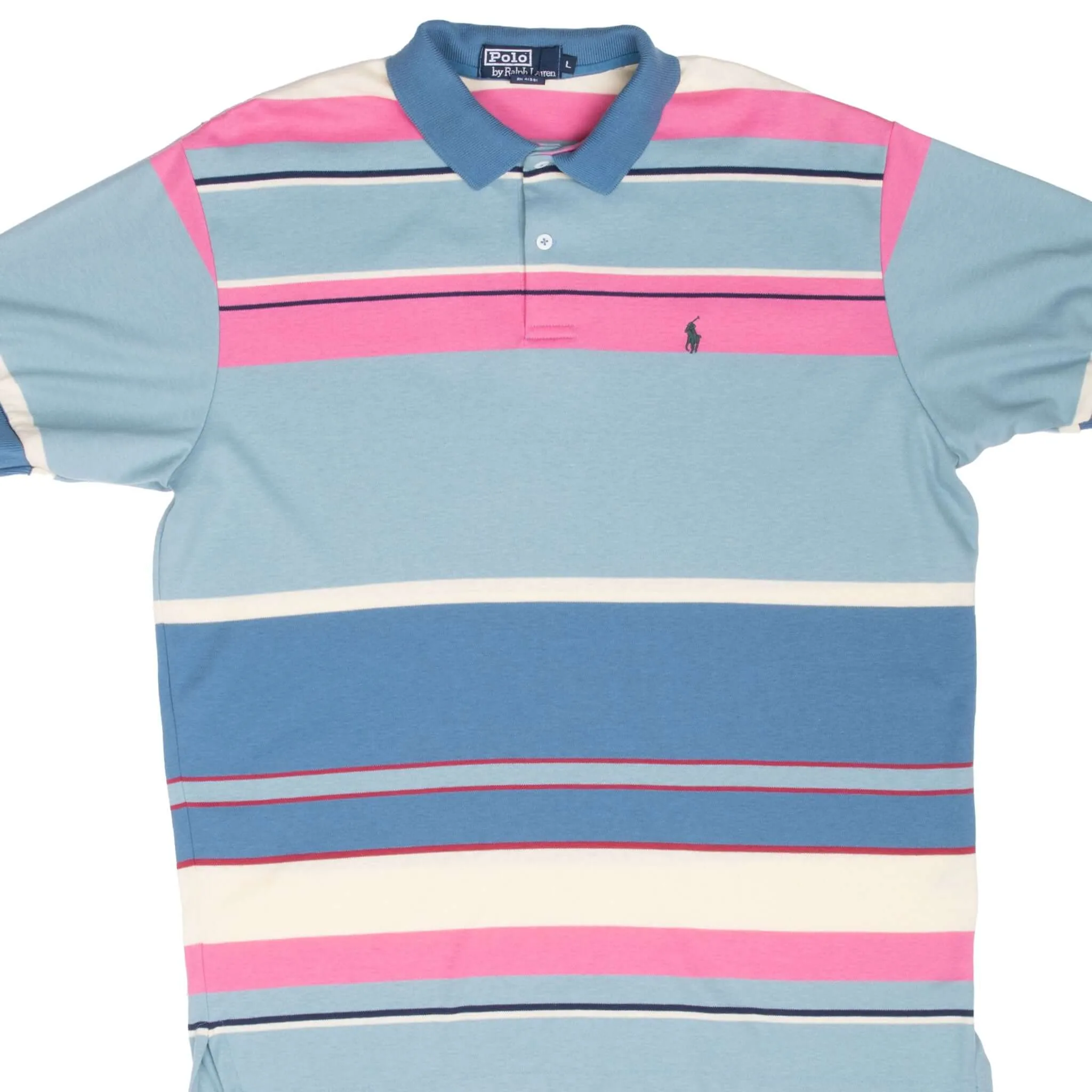 VINTAGE RALPH LAUREN PINK & BLUE STRIPED POLO SHIRT 1990S LARGE MADE IN USA