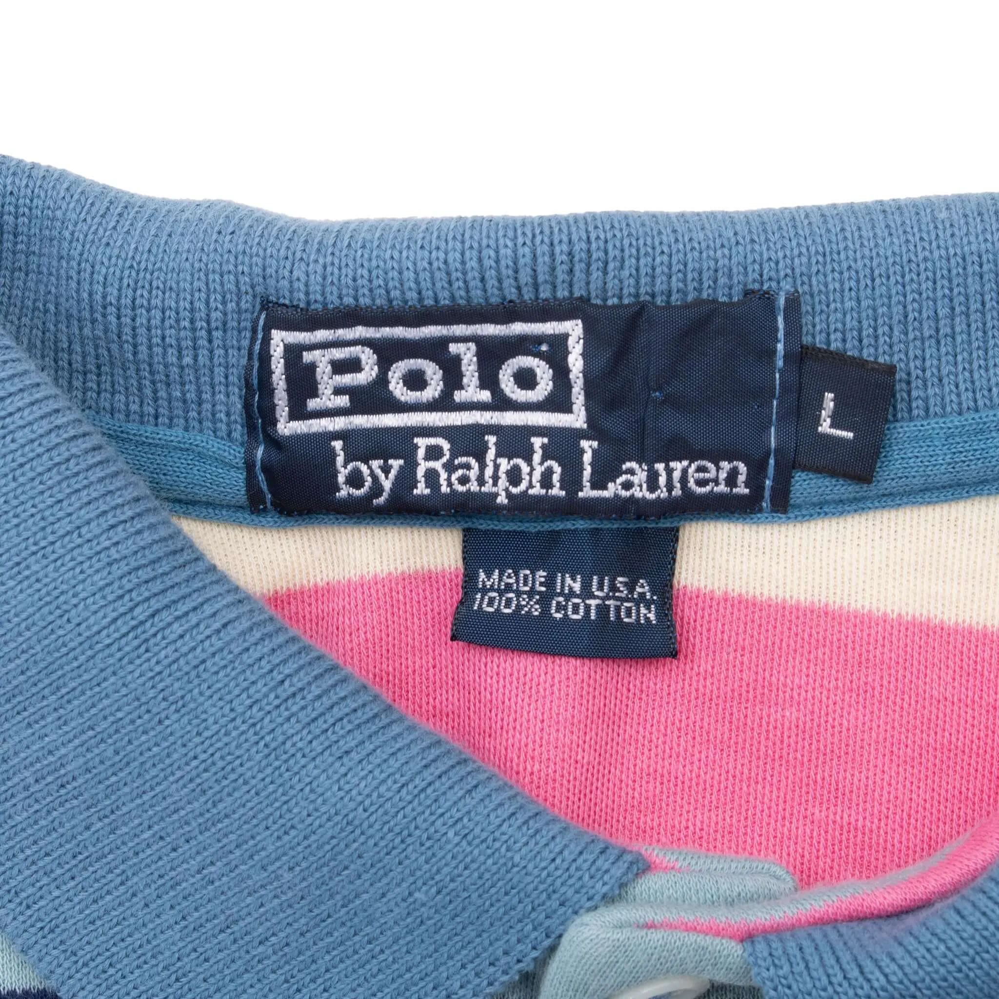 VINTAGE RALPH LAUREN PINK & BLUE STRIPED POLO SHIRT 1990S LARGE MADE IN USA