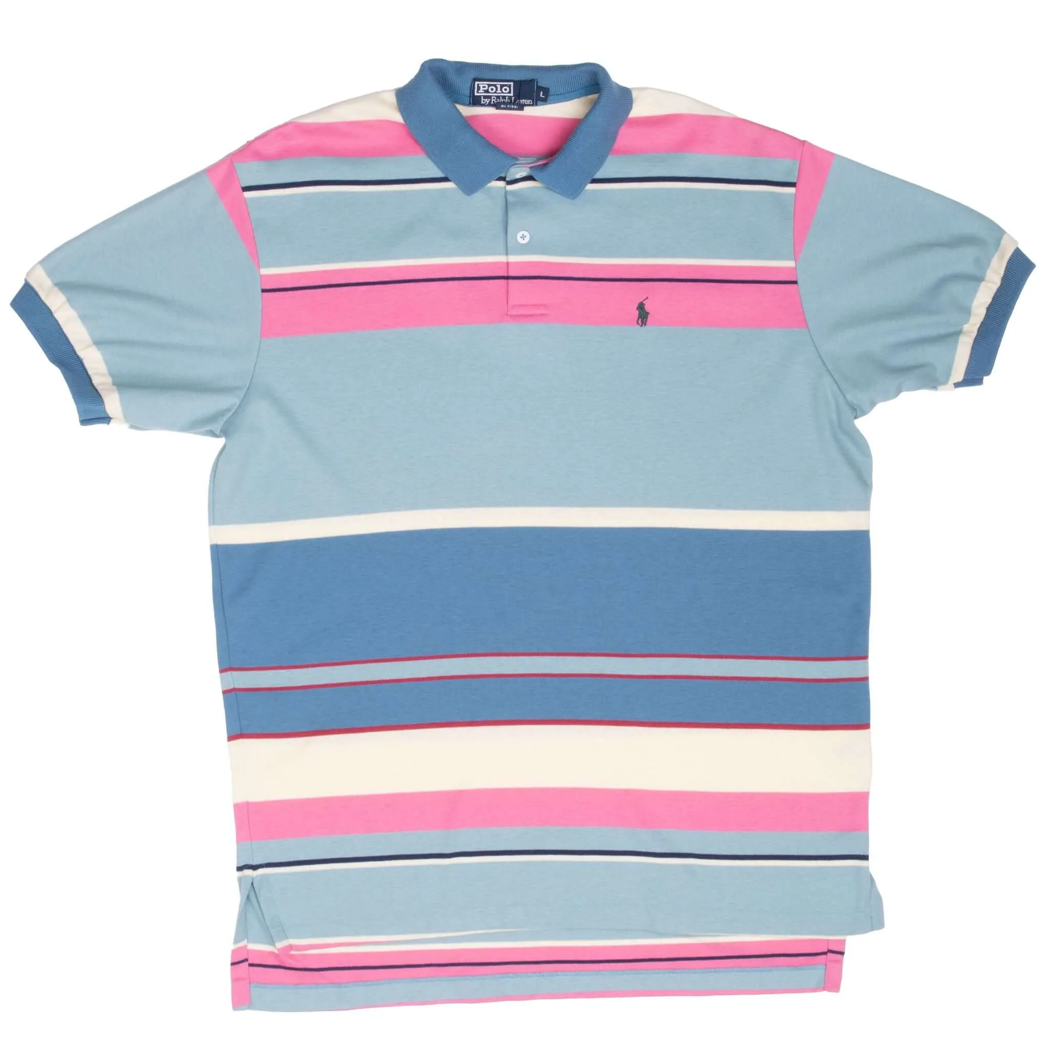 VINTAGE RALPH LAUREN PINK & BLUE STRIPED POLO SHIRT 1990S LARGE MADE IN USA
