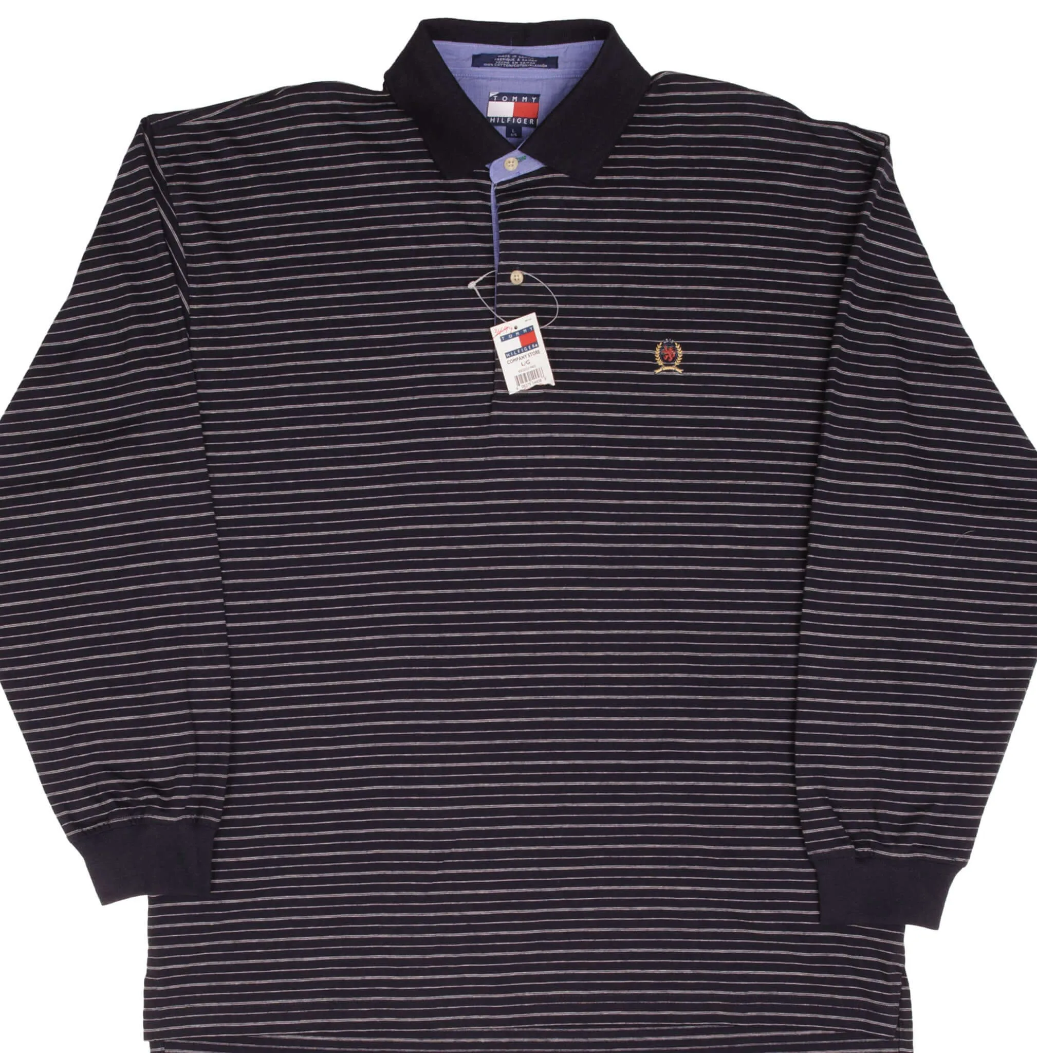 VINTAGE TOMMY HILFIGER LONG SLEEVE STRIPED POLO SHIRT 1990S SIZE LARGE DEADSTOCK