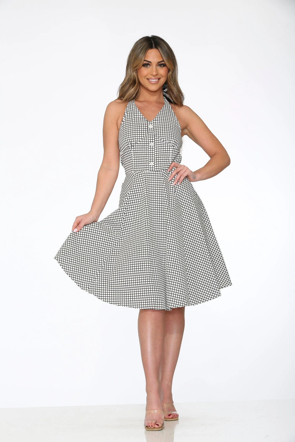 White & Black Checkmate Halter Swing Dress