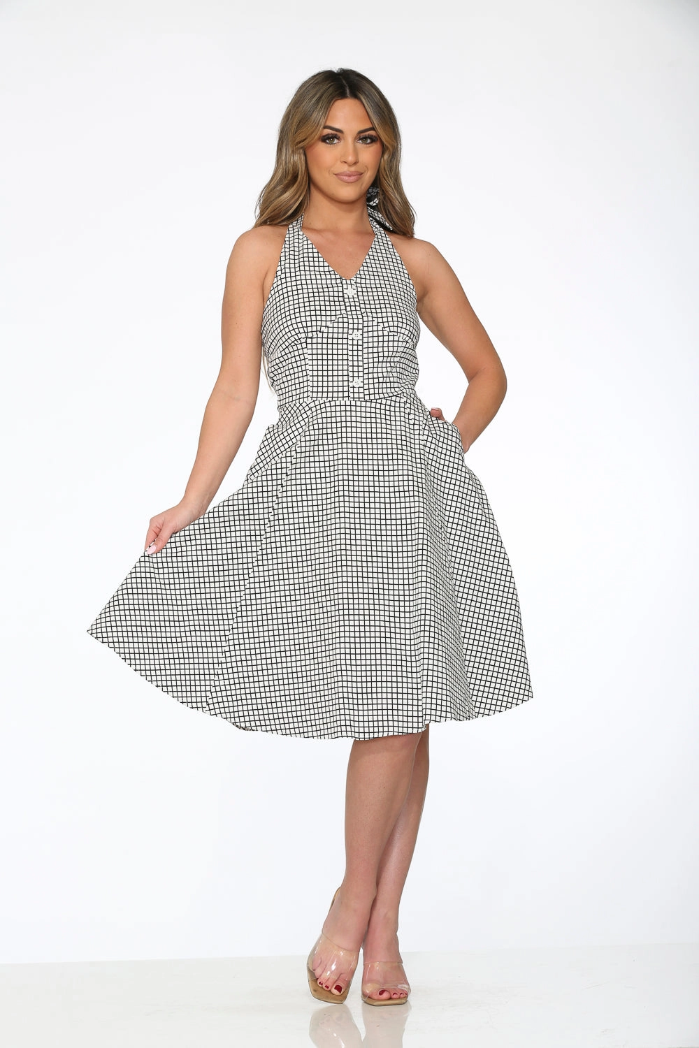 White & Black Checkmate Halter Swing Dress