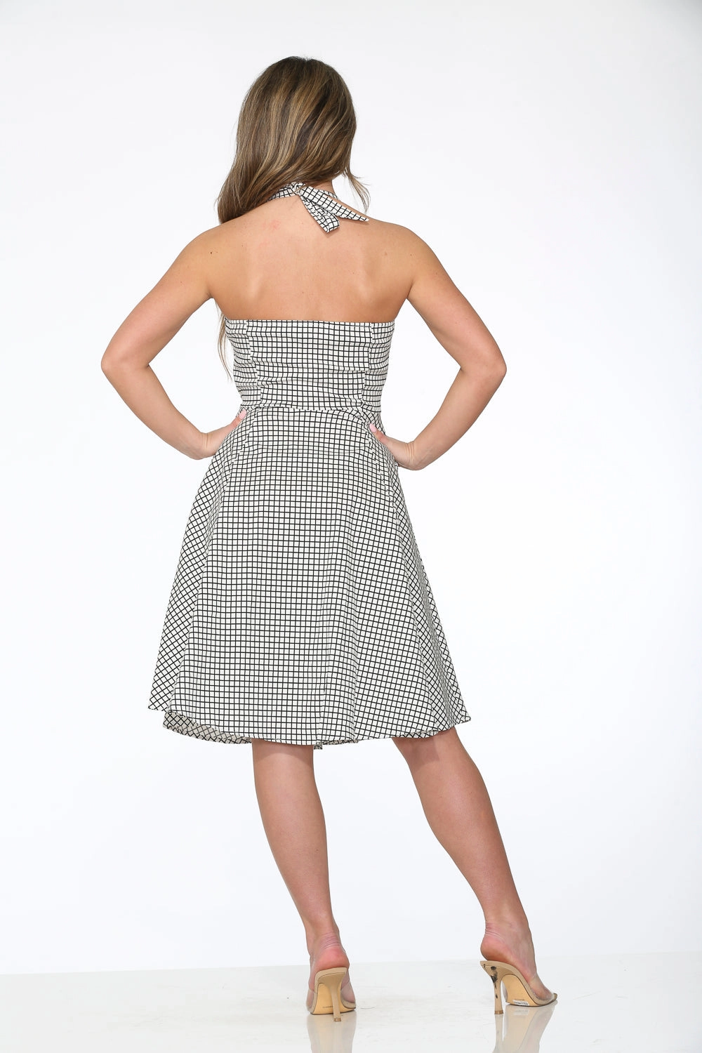 White & Black Checkmate Halter Swing Dress