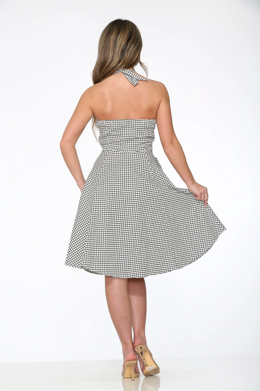 White & Black Checkmate Halter Swing Dress